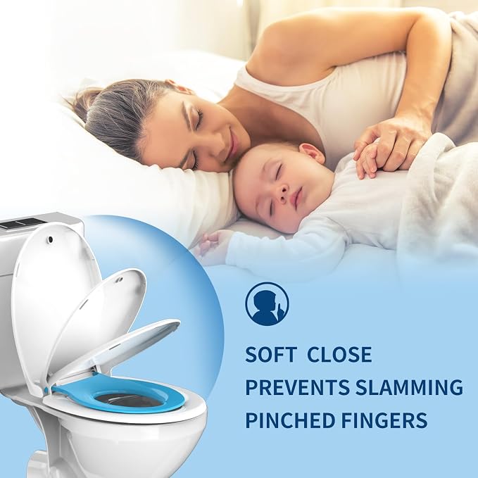 Potty Training Seat for Adults & Kids , 2-in-1 Round Toilet Seat with Toddler Seat, Soft Close Lid & Easy Install , 16.5inch,PP Safe Material,Blue