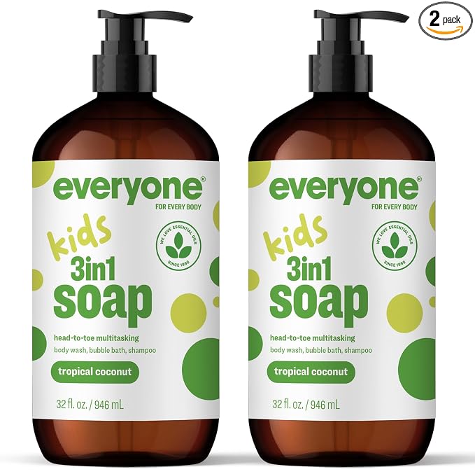 Everyone 3-in-1 Kids Soap, Body Wash, Bubble Bath, Shampoo, 32 Ounce (Pack of 2), Tropical Coconut, made with Essential Oils for Toddlers, Tweens and Teens