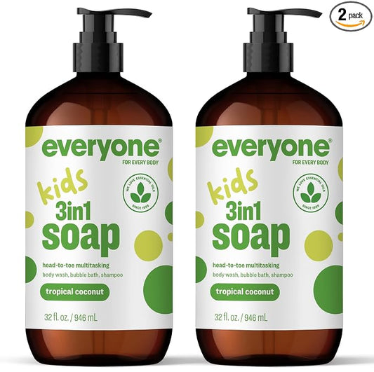 Everyone 3-in-1 Kids Soap, Body Wash, Bubble Bath, Shampoo, 32 Ounce (Pack of 2), Tropical Coconut, made with Essential Oils for Toddlers, Tweens and Teens