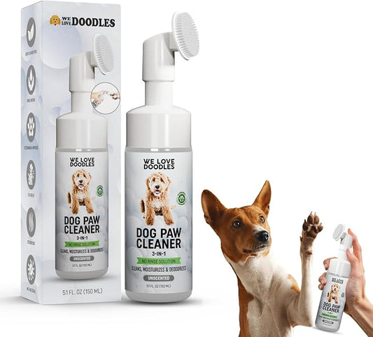 We Love Doodles No-Rinse Dog Paw Cleaner with Built-in Silicone Bristle Brush | 3-in-1 Foaming Foot Cleaner for Muddy Pet Dogs & Cats | Gentle Moisturizing Waterless Shampoo - Unscented | 5 fl oz