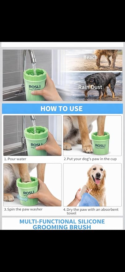 ROSLI Dog Paw Clianer Cup - Portable Pet Paw Washer for Dogs - Deep Cleaning Mud & Dirt - Silicone Brush - Easy to Use & Wash (Blue, Large) (Green, Large)