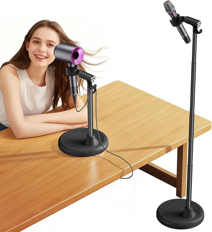 Hair Dryer Stand Hands Free, 360° Rotation Black | Anti-Slip Stable Base, Aluminum Alloy, Adjustable Height 17-51 Inch, For Families & Pet Grooming & Salon