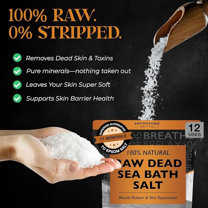 Aromasong RAW Natural Dead Sea Salt (5 LB.) with RAW Dead Sea Salt Infused with Natural Lavender Essential Oil (2.43 lb.) - Bath Soak for Women & Men with Tired Muscles & Skin Issues.