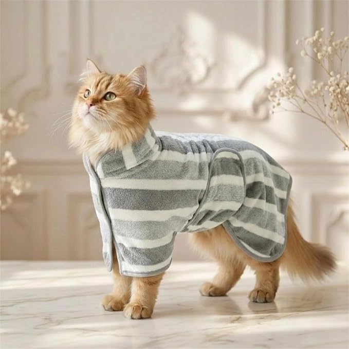 Cat Bathrobe Super Absorbent Drying Towel Full Wrap Quick Dry Pet Robe for Large Medium Small Dogs Adjustable Grooming Coat for After Bathing Swimming & Rainy Day (Gray & White Stripes,Large)