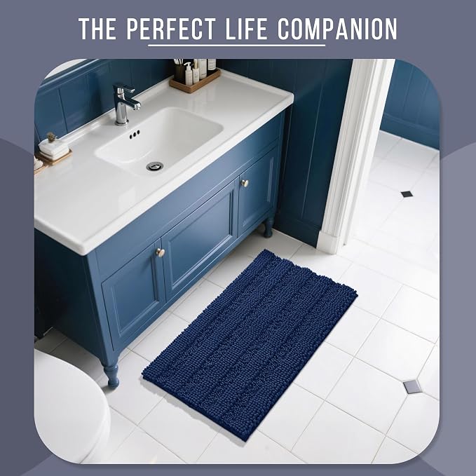 Yimobra Bathroom Rug Mat 32 x 20, Non Slip and Super Absorbent Bath Mat,Machine Washable Quick Dry,Ultra Plush Chenille Shower Rugs for Bathroom Floor Sink Tub and Shower Outside,Navy Blue