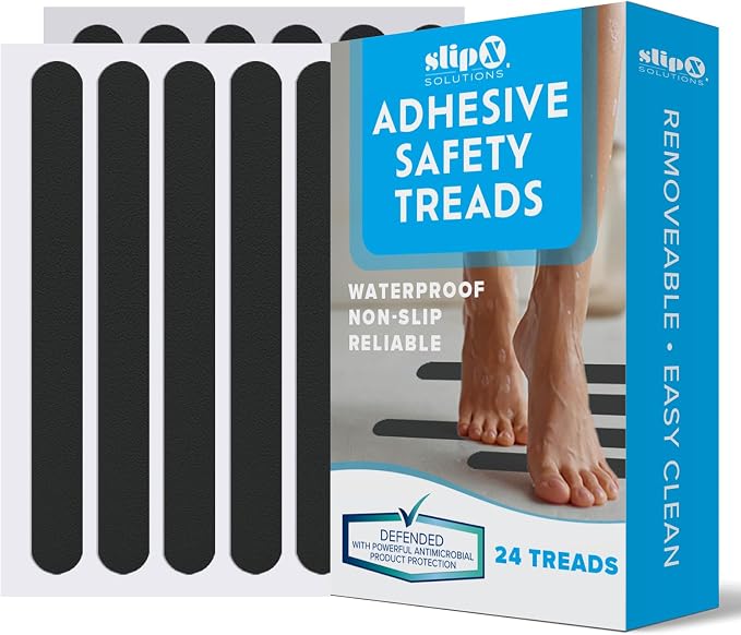 SlipX Solutions Adhesive Anti-Slip Safety Treads, Reliable Grip for Bathtubs & Showers, Safety Stickers, Showers, Pools, Boats, Stairs & More (24 Pieces, 7.5” x 0.75”, Black