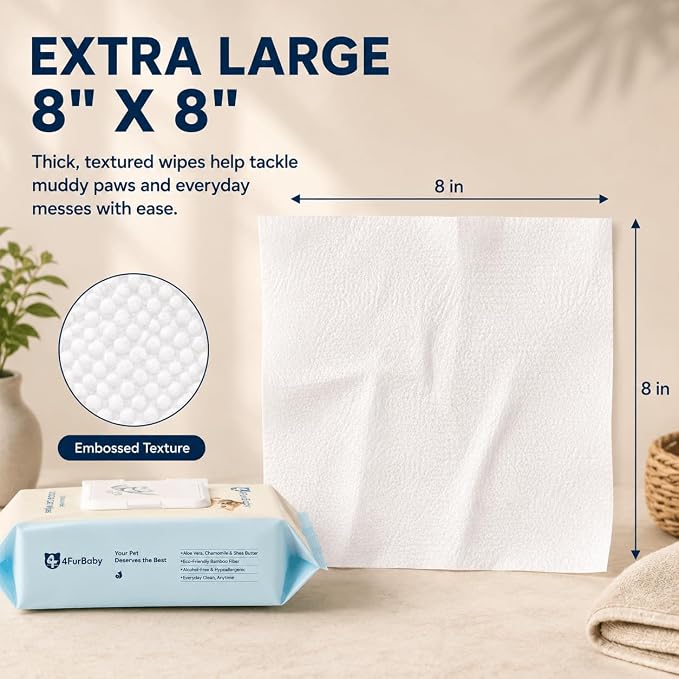 8" x 8" Dog Wipes for Paws and Butt, Unscented, 400 Count | Hypoallergenic and hydrating pet grooming wipes for dogs, cats, and daily care.