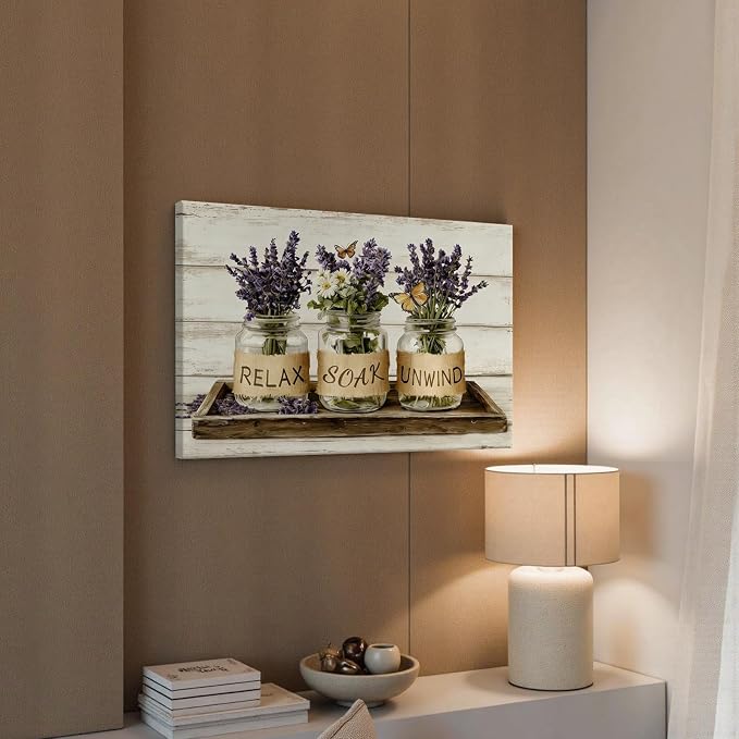 Relax Soak Unwind Lavender Bathroom Wall Art Farmhouse Mason Jar Floral Poster Rustic Spa Wall Decor with Butterflies Aesthetic Print for Powder Room Apartment 20X30 in Wrapped Framed