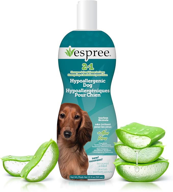 Espree Hypoallergenic Dog Shampoo & Conditioner, Dog Grooming Supplies, Tearless Formula with Aloe Vera, Made Without Sulfates, Parabens, Harsh Chemicals and Dyes, Safe for Sensitive Skin, 20oz