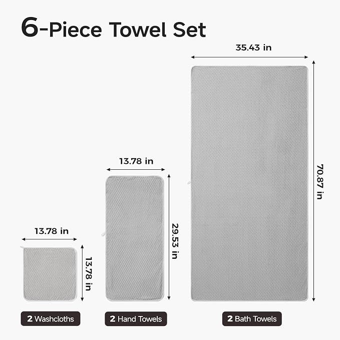ecolook Microfiber Towel Set of 6, Gray | Ultra-Soft & Oversized, Absorbent & Quick-Drying | 2 Bath Sheets, 2 Hand Towels & 2 Washcloths