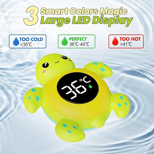 FDK Baby Bath Thermometer Baby Safety, Digital 2-in-1 Room & Bath Water Thermometer with 3-Color Backlight & Temperature Warning, Floating Turtle Design for Infant Toddler, Auto On/Off