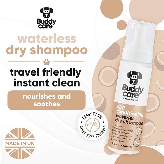 Buddycare 2in1 Conditioning Waterless Dry Dog Shampoo – No Rinse Quick Clean Foam, with Aloe & Pro Vitamin B5, Nourishing Coat & Skin Care, Travel Friendly, SLS & Paraben Free, Vegan Pet Grooming