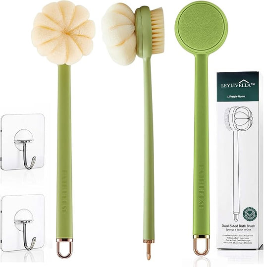 Easy Reach Shower Brush, 15.7 Inch Back Scrubber for Shower with Long Handle, Dual-Sided Bath Brush with Loofah Sponge, Back Washer for Body, Includes 2 Wall Hooks