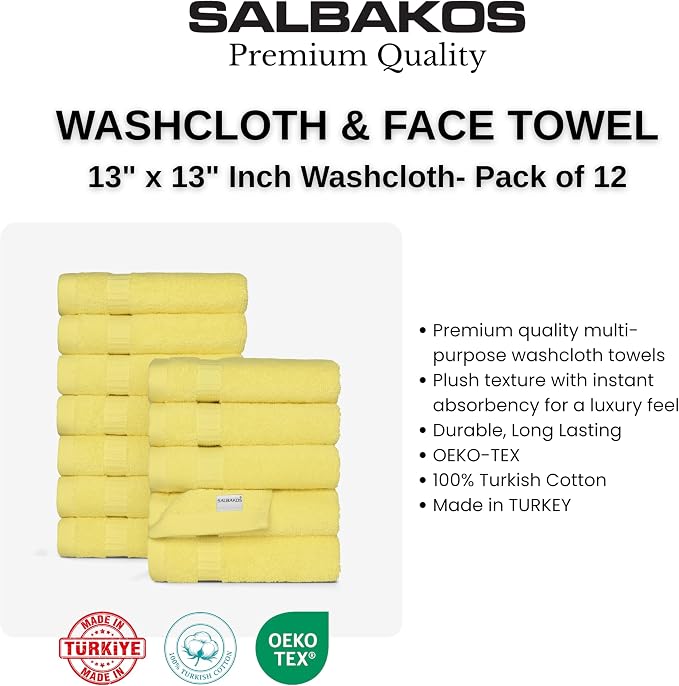 SALBAKOS 100% Turkish Cotton Washcloth Set of 12 13x13 inch | Premium Quality | Hotel & Spa Collection | Ultra Soft, Super Absorbent, Washcloth Towels | Made in Turkey (Yellow, 12 Washcloths)
