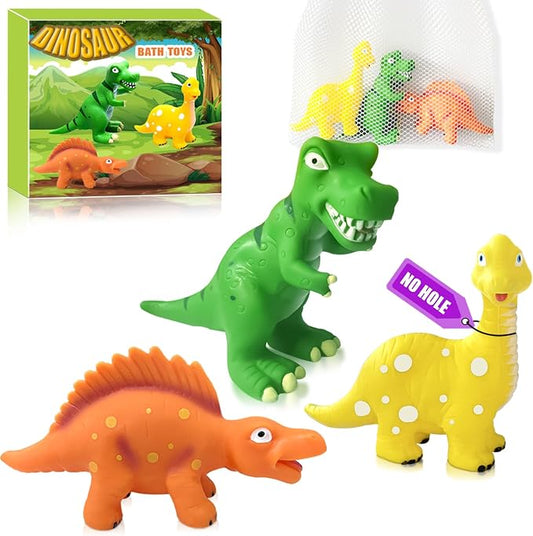 Dinosaurs Toys for Toddlers 1-3, No Hole Bath Toys for 18 Months, 3Pcs Soft Rubber Dino Bath Toy for Kids Age 1-3 with Storage Bag, Easy-Grip Baby & Toddler Bathtub Shower Water Table Pool Beach Toys
