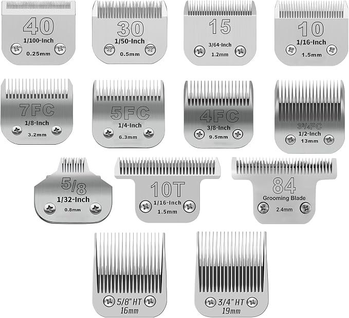 Dog Grooming Blade kit,Compatible with Andis/Oster A5,Wahl KM10 | Stainless Steel Blade,Include Size 40+10+30+15+7FC+5FC+4FC+3FC+5/8HT+3/4HT+T84+T10+5/8N Toe Blade,13 Pack