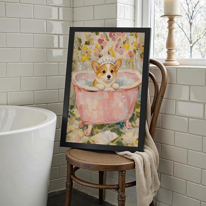 Cute Corgi Bath Time Wall Art Whimsical Floral Bathroom Poster Textured Oil Painting Print of Puppy in Pink Tub Aesthetic Wall Decor for Powder Room Apartment Pet Lover 16X24 in Unframed