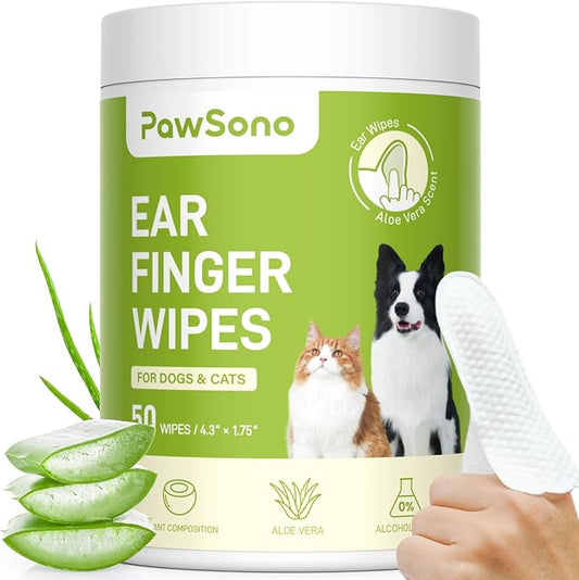 PawSono Dog Ear Wipes - 50 Count Dog Ear Cleaner Finger Wipes for Dogs & Cats, Pre-Moistened Ear Cleaning Wipes for Puppies, Kittens & Small Animals, Thick Pet Ear Wipes to Remove Wax, Dirt & Debris