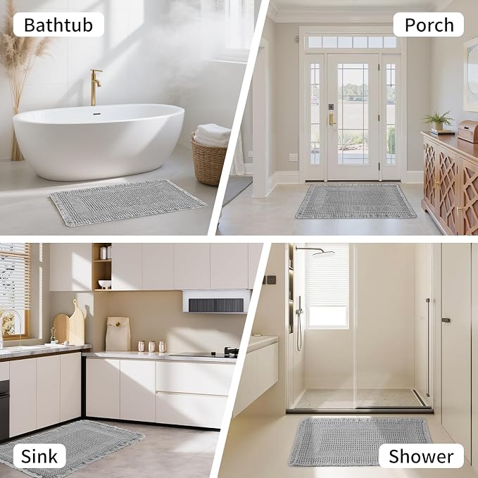 Waffle Bath Mat - Super Water Absorbing Bath Mat Quick Dry, Bathroom Rugs Non Slip Washable with Tassels, Rubber Backed Bathroom Mat for Bathroom Floor, Tub and Shower, 17" x 24", Light Grey