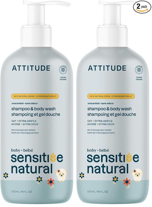 ATTITUDE 2-in-1 Shampoo and Body Wash for Baby,EWG Verified,Plant- and Mineral-Based Ingredients,Vegan-and Cruelty-Free Products for Sensitive Skin,Unscented,16 Fl Oz,(Pack of 2)