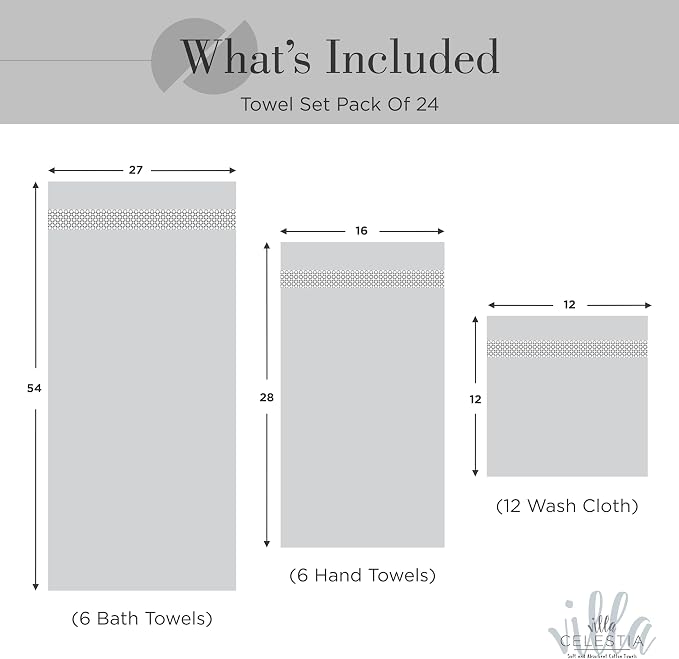 24-Piece 100% Cotton Towel Set, 6 Bath Towels, 6 Hand Towels, 12 Wash Cloth, Quick-Dry, Black