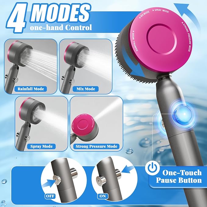 Filtered Handheld Shower Head, High Pressure Power Showerhead with 5 Filters & 59" Flexible Hose, 360° Rotating Adjustable Shower Head with Wall Holder & ON/Off Switch for Hair & Skin, Gray