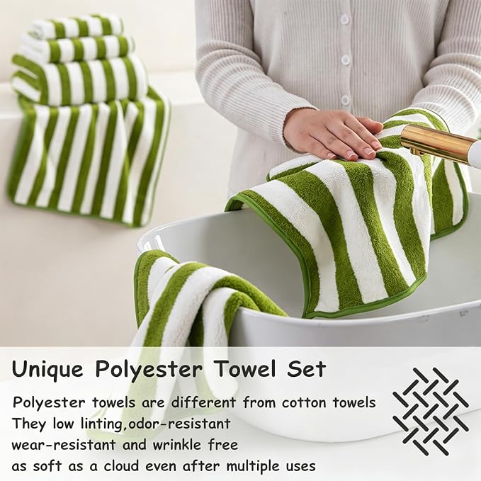 18 Pcs Green Stripe Bath Towel Set with Hanging Loop-6 Bath Towels,6 Hand Towels,6 Washcloths Soft Family Towels Set Bathroom Towel Highly Absorbent Quick Dry Shower Towel for Beach Spa Gym Hotel