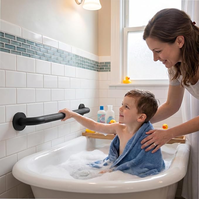 24 Inch Black Shower Grab Bar for Seniors,1.25'' Diameter 304 Stainless Steel Heavy Duty Anti-Slip Bathroom Safety Handicap Grab Bar for Shower, Bathtub & Toilet, Wall Mounted, Supports 500lbs
