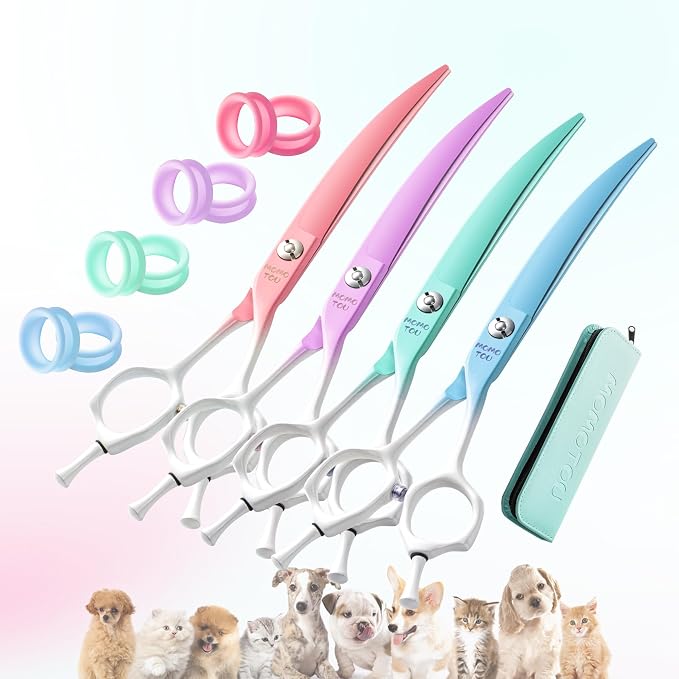 7'' Curved Dog Grooming Scissors Pink to White Gradient | 440C Stainless Steel, Sharp Durable, Professional or Home Use,Ergonomic Handle with 2 Silicone Finger Rings