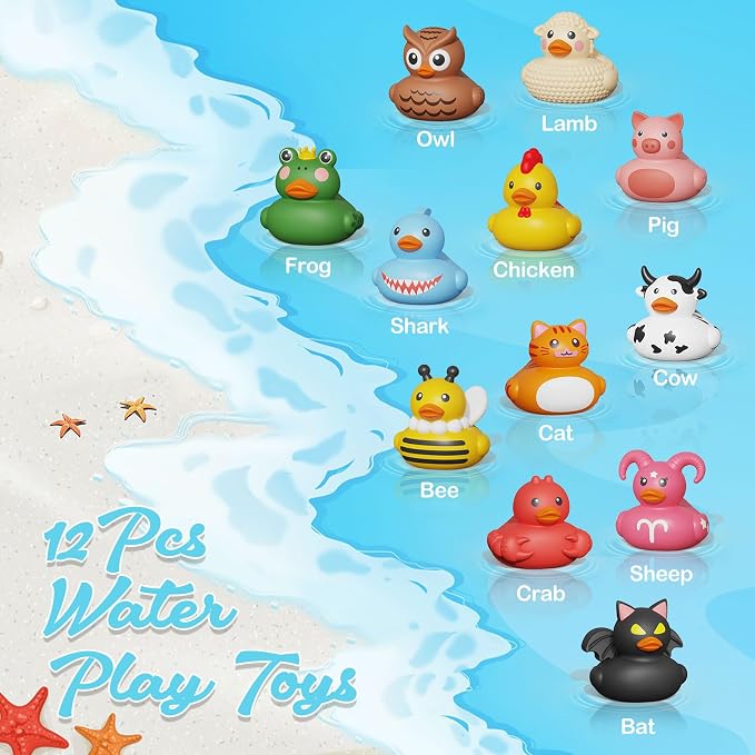 12PCS Rubber Ducks,Toddler Bath Toys,No Hole Bathtub Toys,Baby Pool Toys for 18 Months and Older