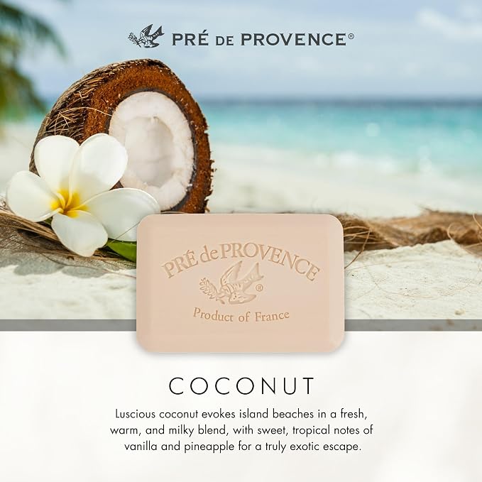 Pre de Provence Artisanal Soap Bar, Enriched with Organic Shea Butter, Natural French Skincare, Quad Milled for Rich Smooth Lather, 8.8 Ounce, Coconut