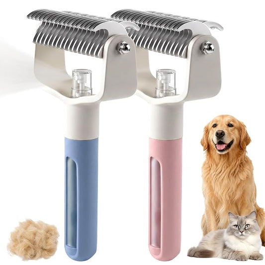 Dual-Sided Pet Grooming Comb,Double Sided Dematting Comb for Dogs & Cats, 2‑in‑1 Professional Pet Grooming Brush Deshedding Dog Brush with Spray Design (1PCS, Blue)
