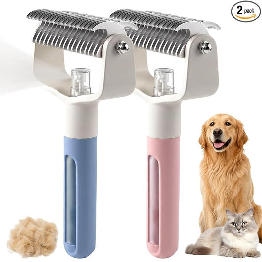 Dual-Sided Pet Grooming Comb,Double Sided Dematting Comb for Dogs & Cats, 2‑in‑1 Professional Pet Grooming Brush Deshedding Dog Brush with Spray Design (2PCS, Pink+ Blue)