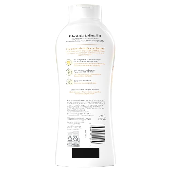 Olay Body Wash for Women, Fresh Radiance, Refreshing & Renewing, Made with Plant Based Cleansers, B3 Botanical Complex, For All Skin Types, Pineapple & Coconut Water Scent, 22 fl oz (Pack of 4)