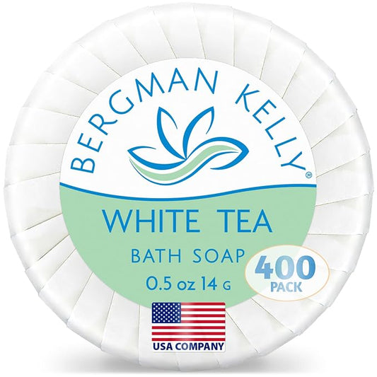BERGMAN KELLY - Hotel Soap Bars - White Tea, 0.5 oz, 400 PK - Travel Size Luxury Bulk Amenities Bar Soap - Mini Individually Wrapped Round Soap - Small Toiletries for Airbnb, Motel, Guest Bathroom