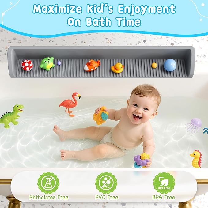 3 Ft Bathtub Splash Guard for Tub Kids, Bath Tub Toy Holder Storage Play Shelf, Longer Silicone Water Splash Guard for Bathtub with Strong Suction Cups, No Mess Water Spill in Bathroom, Grey