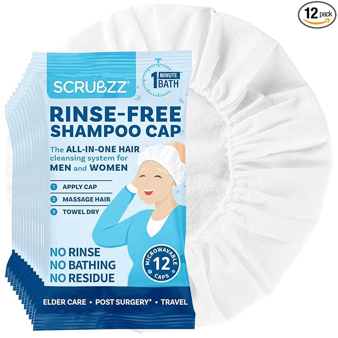 Scrubzz Shampoo Caps No Rinse for Elderly and Bedridden Patients, Rinse Free Shampoo Caps for Post Surgery and Hospital Stays, Waterless Hair Washing Shower Caps - 12 Pack
