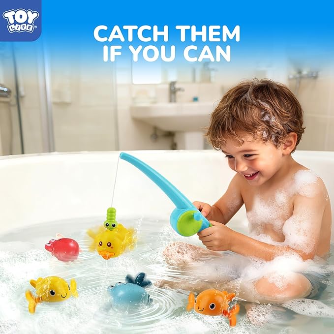 TOY Life Bath Toys for Kids Ages 1-3, Magnetic Fishing Game with Mold Free Wind Up Bath Toys for Toddlers 1-3 & Toy Fishing Pole & Fishing Net, Water Table Pool Fun Bathtub Toys for Baby Infant