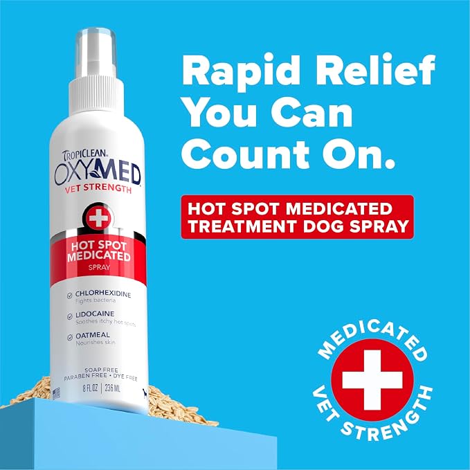 OxyMed Hot Spot Spray for Dogs, Skin Comfort Grooming Spray with Chlorhexidine, Lidocaine & Oatmeal, Fragrance Free, 8oz