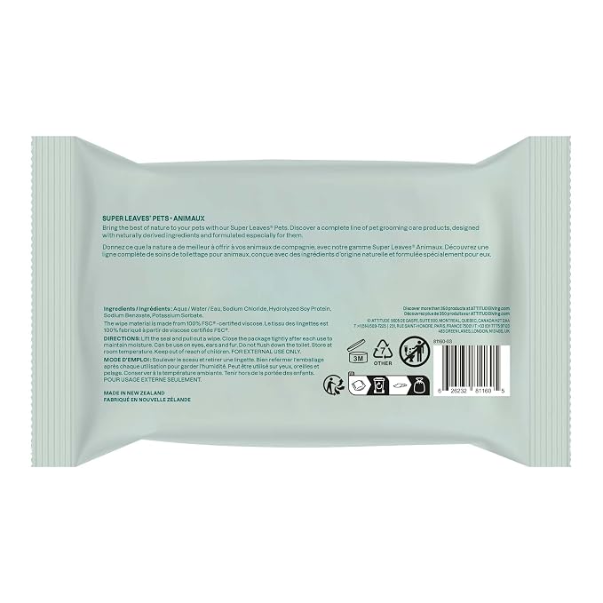 ATTITUDE Pet Grooming Wipes, Hypoallergenic Plant and Mineral-Based Ingredients, Vegan and Cruelty-Free Biodegradable Products, Unscented, 72 Count (Pack of 2)