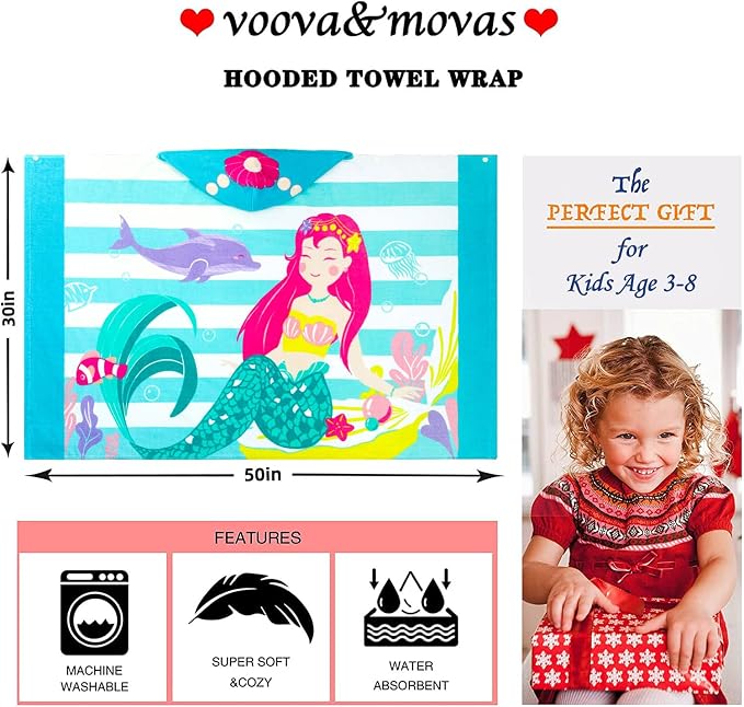 VOOVA & MOVAS Toddler Bath Towels Age 3-8, 30''X50,100% Cotton | Soft | Thick, Hooded Towel for Kids Girls, Perfect for Beach, Pool, Bath,Swim, Stripe Mermaid