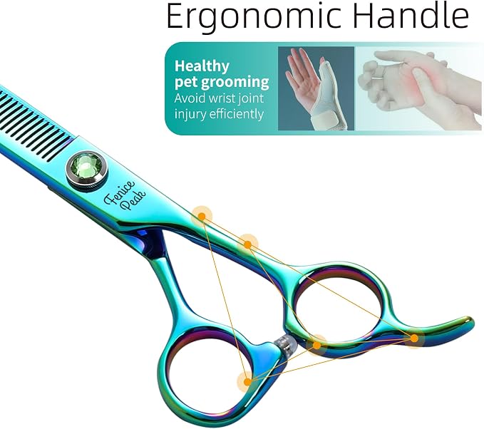 7'' Green Thinning Dog Grooming Scissors Pet Shears with Ergonomic Offest Handle and Simulated Emerald Screw 440C Grooming Scissors Trimming Shears Durable and Sharp