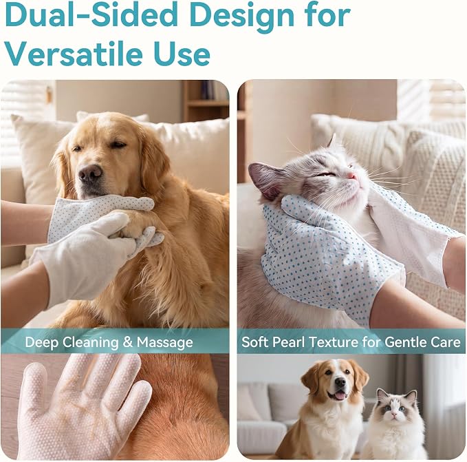 Pet Glove Wipes Pro for Dogs Cats, Massage Dot No-Rinse Grooming Gloves, Deep Cleaning and Deodorizing Dog Wipes for Paws, Ears & Eyes, Removes Loose Fur, Coconut Scent, 12 Count