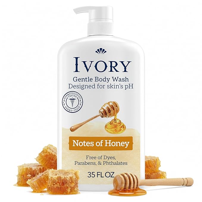 Ivory Body Wash, Designed for the Whole Family, Gentle Formula, Free of Dyes Heavy Perfumes Parabens Phthalates & Silicones, for Sensitive Skin, Designed for Skin's pH, Honey Scent, 35 oz