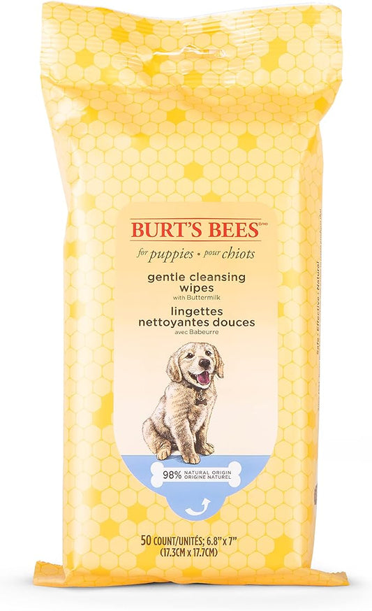 Burt’s Bees for Pets Gentle Cleansing Puppy Wipes with Buttermilk - Hypoallergenic, 98% Natural Origin Wipes That Gently Cleanse and Condition, Safe Formula, 50 Count