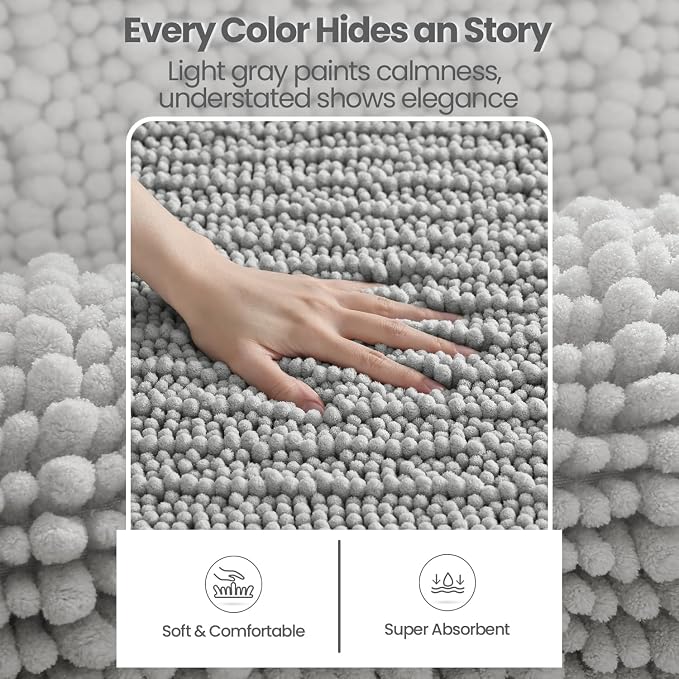 DEXI Bathroom Rugs 36x24, Super Soft Thick Chenille Absorbent Bath Mat, Non Slip Machine Washable Fluffy Shag Bathmat for Tub, Shower Floor, Light Grey