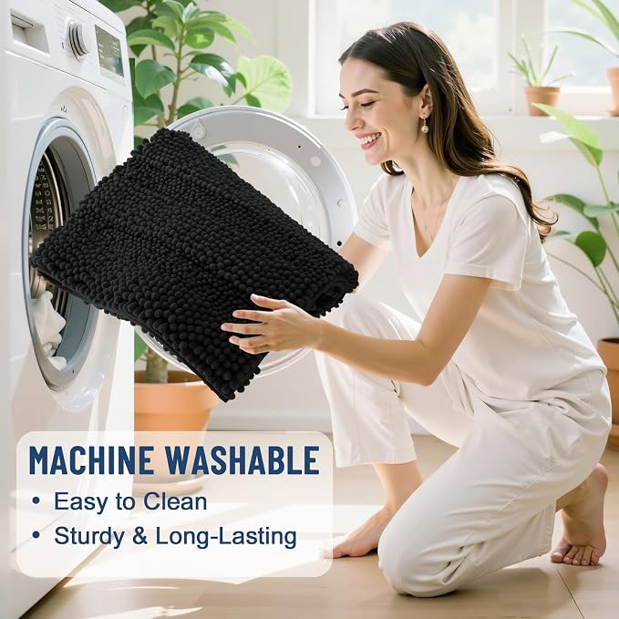Grandaily Chenille Striped Bathroom Rugs 47x17, Extra Thick and Soft Absorbent Bath Mats, Rubber Backing, Plush Shaggy Shower Carpet, Machine Wash Dry, Bath Rug for Bathroom, Deep Black