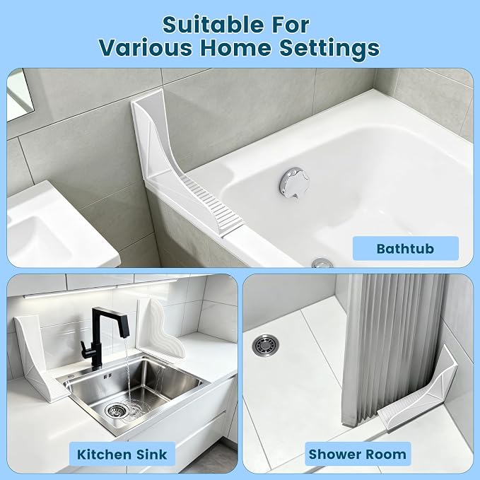2 Pack Bathtub Splash Guard,Upgraded All-Silicone Strong Suction Cups, 5° Slope Fast Self-draining,No-Adhesive Reusable Shower Splash Guard for Bathtub,Shower,Kitchen,RV,Camper