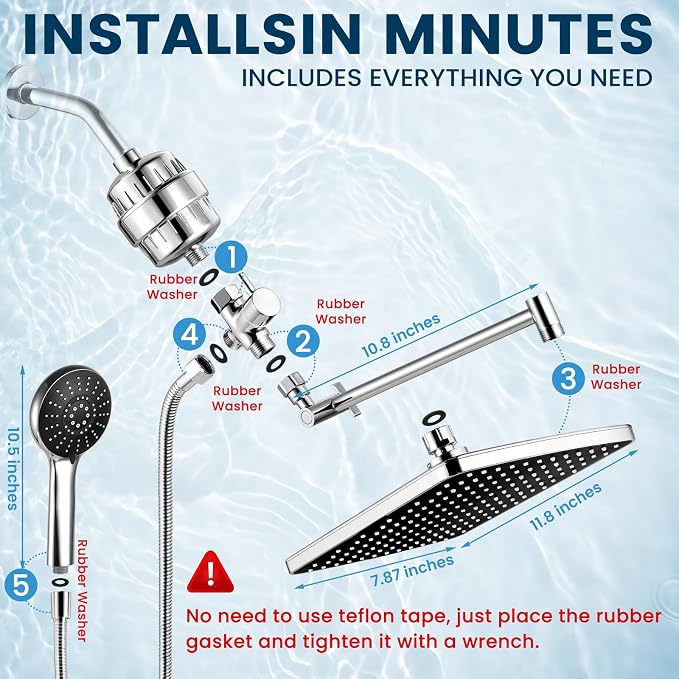 Filtered Shower Head with Handheld Combo,11.8 Inch Large Rectangular Chrome Rain Shower Head with 5 Modes Handheld Spray Combo,Adjustable Double Shower Heads with Holder and 11'' Extension Arm