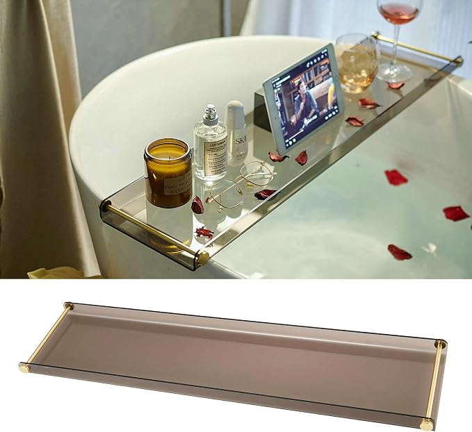 Bathtub Tray Clear Caddy Rack Black Acrylic Tub Tray Shelf with Gold Rails 31.5 inches Bathroom Accessories Rack Suitable for All Bathtubs.
